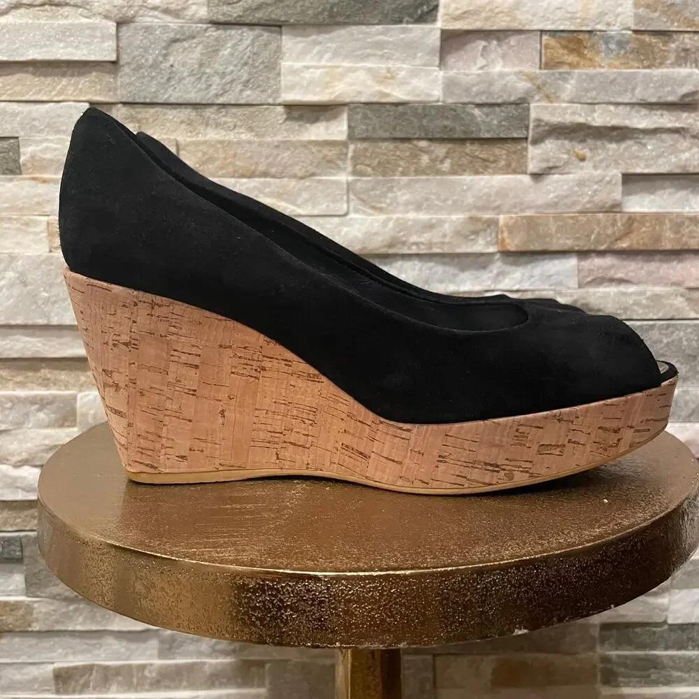 Stuart Weitzman Black Suede Cork Wedge Pumps | EU 40, US 9 ASO Kate Middleton